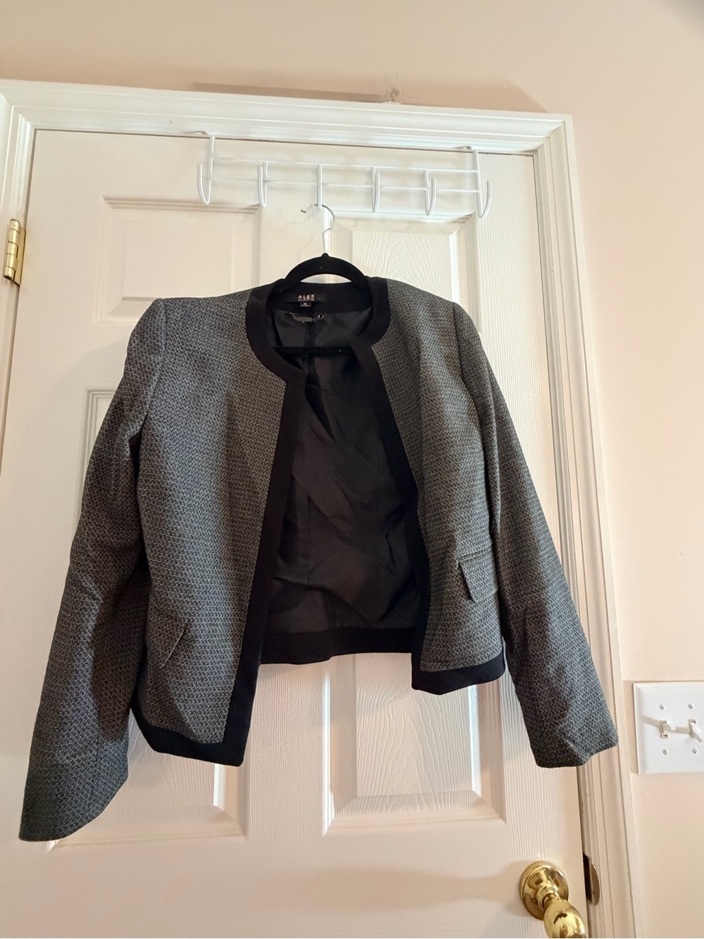 Alex Marie Gray Textured Open-Front Blazer with Black Trim